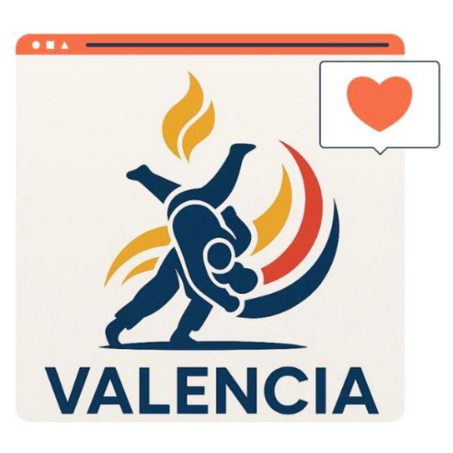 Valencia Judo Competition - Judoka illustration with browser mockup and heart icon